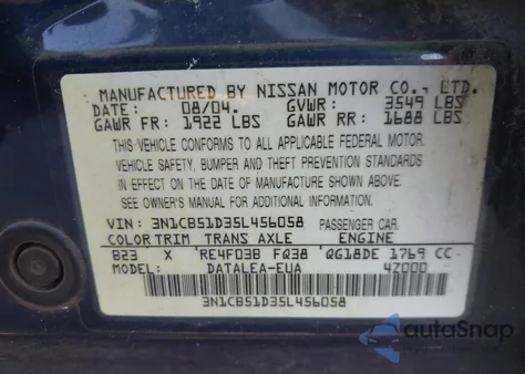 2005 Nissan Sentra 1.8/1.8S z USA, uszkodzony, nr VIN 3N1CB51D35L456058